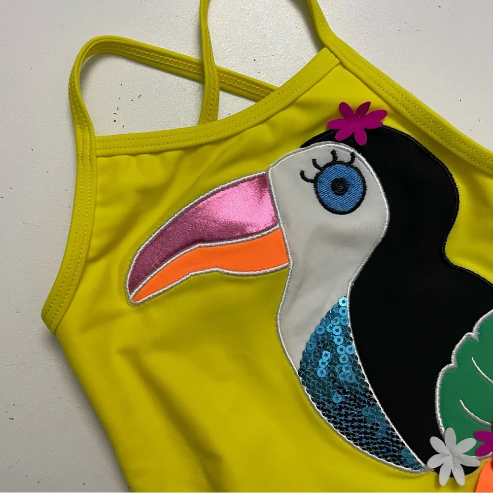 Flapdoodles Swimsuit One Piece Ruffle Toucan Bird Flowers Tropical Beach Yellow